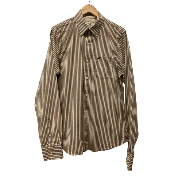Hollister Shirt Mens Large Brown Stripe Long Sleeve Logo Casual Preppy Y2K - Picture 2 of 7